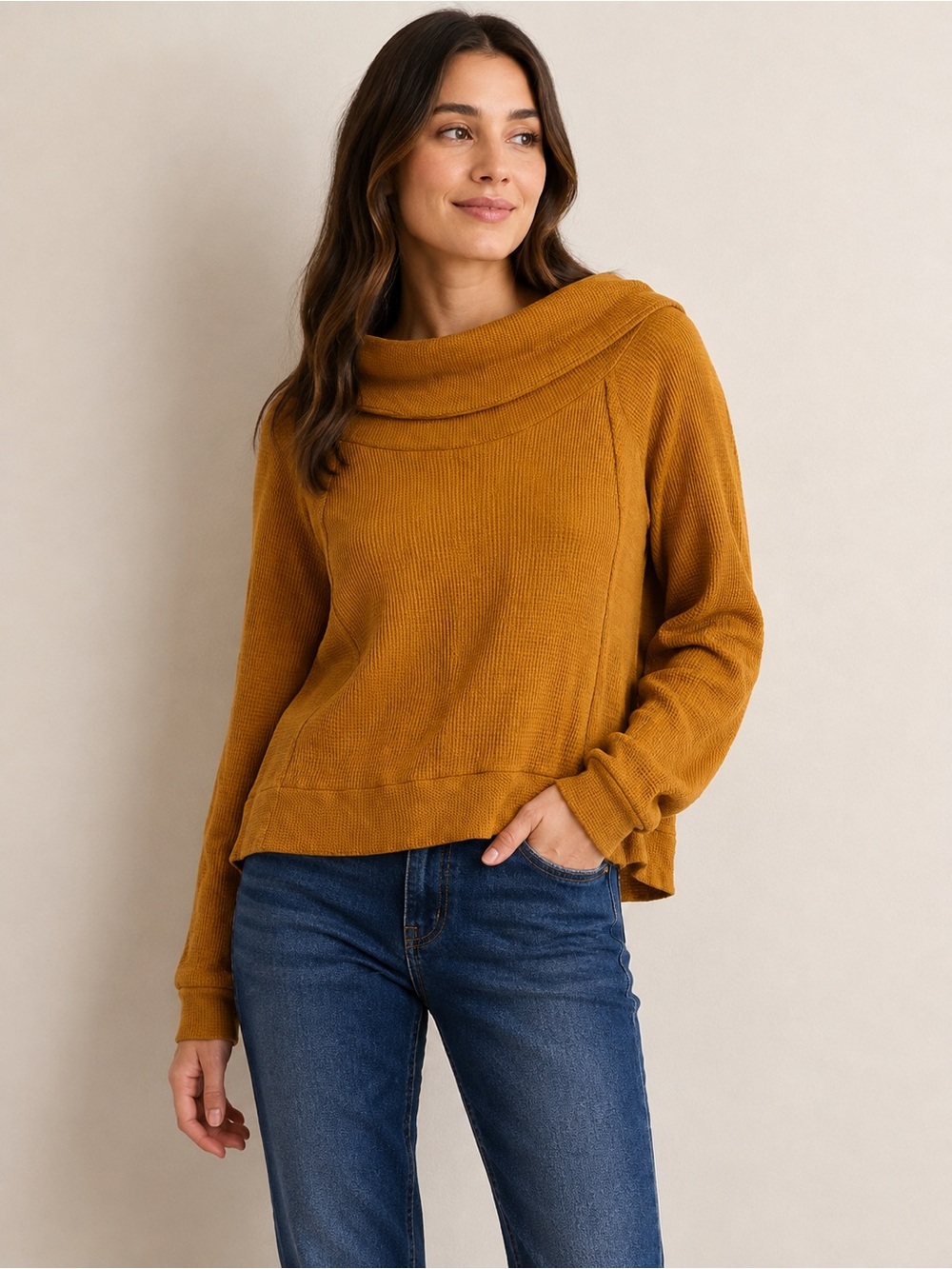 Pilcro by Anthropologie Women’s Mustard Cowl Neck Waffle Knit Sweater Size M